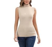 Camiseta Cuello Alto Delgada Punto Sin Mangas Camisa Suéter Básico Jerséis Elástico Pullover Ajustado Invierno Primavera Otoño Moda Cómodo Clásico Casual Beige M