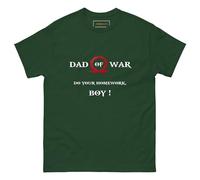 Camiseta Dad of War - Parodia de papá jugador inspirada en Kratos | Camiseta negra de algodón con impresión "Do Your Homework, BOY!" | Regalo geek para guerreros de la paternidad, Bosque verde, L