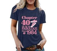 Camiseta de 40 cumpleaños para mujer, estilo 1984, con letras impresas, camiseta de fiesta retro, informal, manga corta, para mujer, marine, S