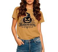 Camiseta de ajuste regular para mujer, camisetas de Halloween 2025 para mujer, cuello redondo, manga corta, camiseta estampada para interiores y exteriores, deportes, trabajo o vida diaria, dorado