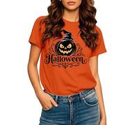 Camiseta de ajuste regular para mujer, camisetas de Halloween 2025 para mujer, cuello redondo, manga corta, camiseta estampada para interiores y exteriores, deportes, trabajo o vida diaria, naranja