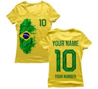 Camiseta de Algodón con Gráfico para Mujer Aficionada al Fútbol Brasil 2026 Personalizada, Nombre y Número Personalizados Camiseta de Manga Corta para Seguidores (L Amarillo Multicolor)