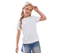 Camiseta de algodón de manga corta para niñas, camiseta básica de cuello redondo liso para niños, camisetas atléticas preppy de escuela para niños, camiseta informal, blusa ligera y suave, blanco, 2-3