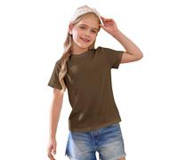 Camiseta de algodón de manga corta para niñas, cuello redondo liso, camiseta básica para niños, camiseta atlética, camiseta informal ligera y suave, marrón, 10-11 años