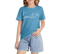 Camiseta de algodón de manga corta para niños, estampado de sonrisa, camiseta de verano, informal, deportiva, cuello redondo, manga corta, unisex, transpirable, manga corta, azul celeste, 160