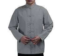 Camiseta de algodón de manga larga para hombre, con hebilla de placa de dinastía Tang, informal, transpirable, cuello alto relajado, para hombre, gris, M