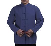 Camiseta de algodón de manga larga para hombre, con hebilla de placa de dinastía Tang, informal, transpirable, cuello alto relajado, para hombre, azul marino, M