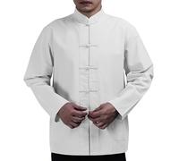 Camiseta de algodón de manga larga para hombre, con hebilla de placa de dinastía Tang, informal, transpirable, cuello alto relajado, para hombre, blanco, M
