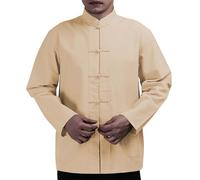 Camiseta de algodón de manga larga para hombre, con hebilla de placa de dinastía Tang, informal, transpirable, cuello alto relajado, para hombre, caqui, M