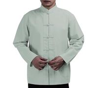 Camiseta de algodón de manga larga para hombre, con hebilla de placa de dinastía Tang, informal, transpirable, cuello alto relajado, para hombre, verde, M