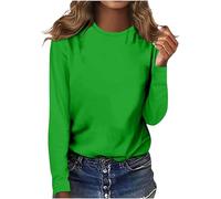 Camiseta de algodón de manga larga para mujer, cuello redondo, tela elástica suave, ajuste holgado, básica, cómoda para uso diario, verde, XL