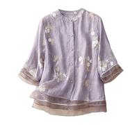 Camiseta de algodón literaria Suelta con Bordado de Manga de Cinco Puntos para Mujer Top/Camisa de Manga Larga con Cuello Redondo # L