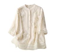 Camiseta de algodón literaria Suelta con Bordado de Manga de Cinco Puntos para Mujer Top/Camisa de Manga Larga con Cuello Redondo # L