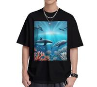 Camiseta de algodón pesado con diseño de ballenas bajo el mar para hombre, 230 g, suave y transpirable, camiseta de manga corta informal de primera calidad para uso diario, Negro, XL