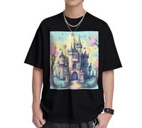 Camiseta de algodón pesado para hombre, diseño de castillo de cuento de hadas, 230 g, suave y transpirable, camiseta de manga corta para uso diario, Negro, M