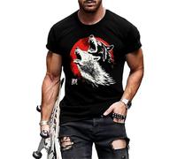 Camiseta de algodón retro europea con estampado de lobo de luna de sangre para hombre, informal, holgado, cómodo, moderno, cómodo, cuello redondo, manga corta, Negro , XS