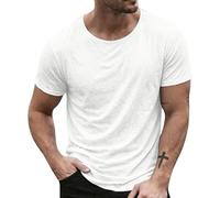 Camiseta de algodón y lino para hombre, de manga corta, cuello redondo, básica, lisa, informal, para verano, blanco, S
