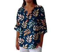 Camiseta de algodón y lino para mujer, corte holgado, botón con cuello en V, manga 3/4, informal, cintura con cincha, camiseta de verano, informal, transpirable, manga corta, tallas grandes, camisetas