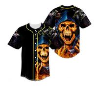 Camiseta de béisbol Estampado segador Calavera Rosa Llamas, Camisa Abotonada Manga Corta Hombre, Ropa Streetwear Esqueleto gótico