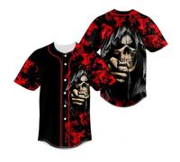 Camiseta de béisbol Estampado segador Calavera Rosa Llamas, Camisa Abotonada Manga Corta Hombre, Ropa Streetwear Esqueleto gótico