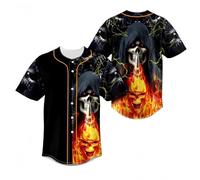 Camiseta de béisbol gótica con Calavera para Hombre, Camisa Abotonada de Manga Corta, Estampado Integral segador Llama Rosa Ropa Streetwear Hip Hop