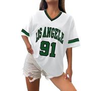 Camiseta de béisbol para mujer Los Ángeles de gran tamaño Y2k Number Shirts Graphic Stripe Ribetes Camisa de ocio Cuello V Streetwear Striped Graphic Tee Casual Top Verano Camiseta Deportiva, O Verde