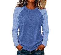 Camiseta de béisbol para mujer, manga larga raglán y cuello redondo | Costuras empalmadas en contraste en los brazos, cuello redondo atado, dobladillo curvado, jersey suave vintage desgastado