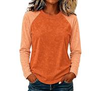 Camiseta de béisbol para mujer, manga larga raglán y cuello redondo | Costuras empalmadas en contraste en los brazos, cuello redondo atado, dobladillo curvado, jersey suave vintage desgastado
