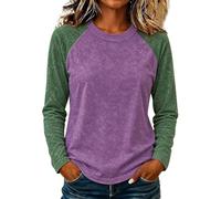 Camiseta de béisbol para mujer, manga larga raglán y cuello redondo | Costuras empalmadas en contraste en los brazos, cuello redondo atado, dobladillo curvado, jersey suave vintage desgastado