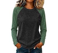 Camiseta de béisbol para mujer, manga larga raglán y cuello redondo | Costuras empalmadas en contraste en los brazos, cuello redondo atado, dobladillo curvado, jersey suave vintage desgastado