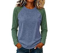 Camiseta de béisbol para mujer, manga larga raglán y cuello redondo | Costuras empalmadas en contraste en los brazos, cuello redondo atado, dobladillo curvado, jersey suave vintage desgastado