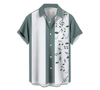 Camiseta de Bowling Vintage para Hombre 1950s Estilo Retro Rockabilly Manga Corta Botón Abajo Música Hawaiana, Notas Musicales: Salvia Blanca, Talla Grande
