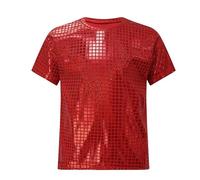 Camiseta de carnaval para niño con gráfico de lentejuelas cuadradas a cuadros brillante de manga corta para deportes al aire libre casual de 2 a 19 años, rojo, 8-9 años