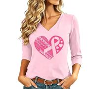 Camiseta de cinta rosa para mujer con cáncer de mama octubre de manga 3/4 de color rosa de conciencia sobre el cáncer de mama de octubre deporte de gran tamaño camiseta cuello en v para mujeres