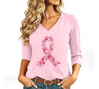 Camiseta de cinta rosa para mujer con cáncer de mama octubre de manga 3/4 de color rosa de conciencia sobre el cáncer de mama de octubre deporte de gran tamaño camiseta cuello en v para mujeres