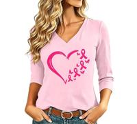 Camiseta de cinta rosa para mujer con cáncer de mama octubre de manga 3/4 de color rosa de conciencia sobre el cáncer de mama de octubre deporte de gran tamaño camiseta cuello en v para mujeres