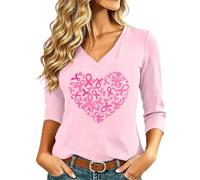 Camiseta de cinta rosa para mujer con cáncer de mama octubre de manga 3/4 de color rosa de conciencia sobre el cáncer de mama de octubre deporte de gran tamaño camiseta cuello en v para mujeres
