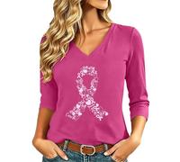 Camiseta de cinta rosa para mujer con cáncer de mama octubre de manga 3/4 de color rosa de conciencia sobre el cáncer de mama de octubre deporte de gran tamaño camiseta cuello en v para mujeres