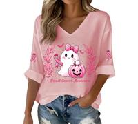 Camiseta de cinta rosa para mujer en el cáncer de mama octubre de manga 3/4 de color rosa de conciencia sobre el cáncer de mama de octubre deporte de gran tamaño camiseta con cuello en V para mujeres