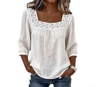 Camiseta de color sólido para mujer, blusa de manga corta, cuello cuadrado, inserto de encaje, tela transpirable para viajes, ciclismo, tallas del Reino Unido (blanco XL)