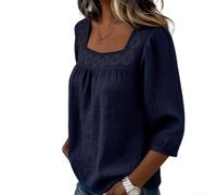 Camiseta de color sólido para mujer, blusa de manga corta, cuello cuadrado, inserto de encaje, tela transpirable para viajes, ciclismo, tallas del Reino Unido (azul marino, L)