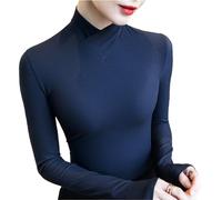 Camiseta de cuello alto cruzado de forro polar, cuello alto cruzado, manga larga, elástica, básica, ligera, Azul oscuro, M