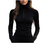 Camiseta de cuello alto para mujer, manga larga, capa base sólida para el trabajo, oficina, talla M-XXL (negro XL)