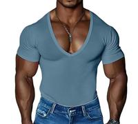 Camiseta de Cuello en V Profundo para Hombre Camiseta de Manga Corta para Entrenar Camiseta Sexy de Escote Pronunciado para el Verano Camiseta Deportiva para Gimnasio y Culturismo(Blue,3XL)