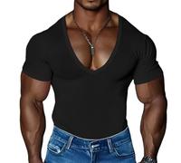Camiseta de Cuello en V Profundo para Hombre Camiseta de Manga Corta para Entrenar Camiseta Sexy de Escote Pronunciado para el Verano Camiseta Deportiva para Gimnasio y Culturismo(Schwarz,S)