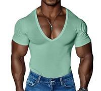 Camiseta de Cuello en V Profundo para Hombre Camiseta de Manga Corta para Entrenar Camiseta Sexy de Escote Pronunciado para el Verano Camiseta Deportiva para Gimnasio y Culturismo(Grün,3XL)