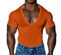 Camiseta de Cuello en V Profundo para Hombre Camiseta de Manga Corta para Entrenar Camiseta Sexy de Escote Pronunciado para el Verano Camiseta Deportiva para Gimnasio y Culturismo(Orange,S)
