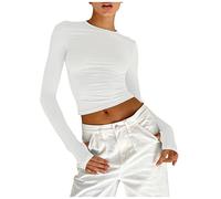 Camiseta de cuello redondo con fondo fijo para mujer Hot Girl Slim Slim Long Sleeve Finger Button Shirt Blue Peto Mujer, Blanco, L