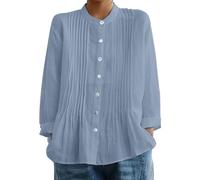 Camiseta de cuello redondo de manga larga para mujer, algodón y lino, camiseta para mujer, talla grande, verano, con botón, camisa casual, blusa vintage elegante, tops plisados tops transpirable suave