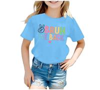 Camiseta de cuello redondo para niña con gráfico de comienzo del colegio, manga corta, multicolor, cómoda para, azul claro, 6-7 años
